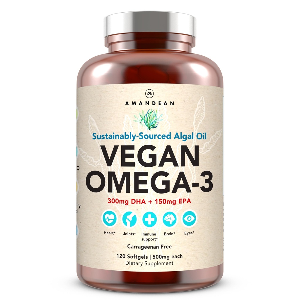 AMANDEAN Vegan Omega 3 Suplemento. Premium Fish Oil Alternative. Algae DHA &amp; EPA. Carrageenan Free Softgels. Ácidos grasos esenciales de Algal. Corazón, Cerebro, Ojo, Esquía, Apoyo Inmunitario. (120ct)