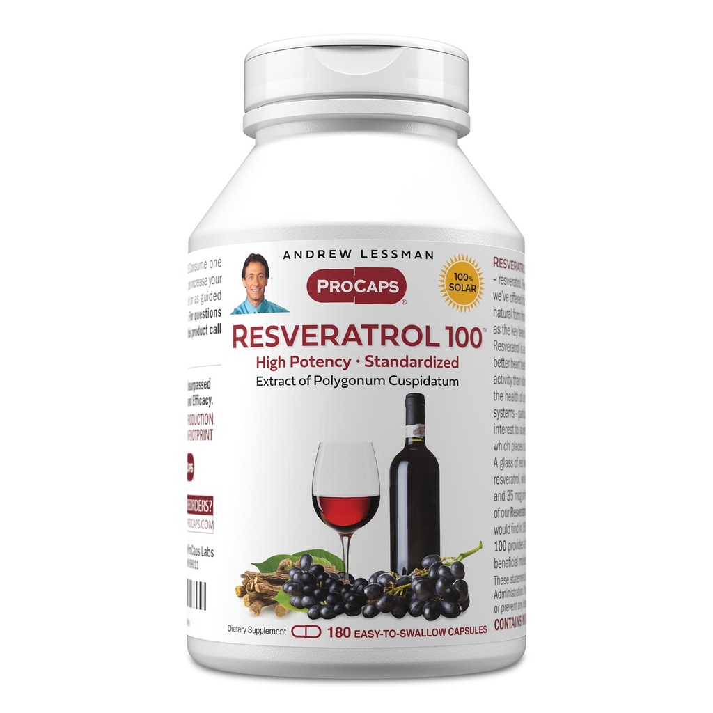 ANDREW LESSMAN Resveratrol-100mg - 180 Capsules - Red Wine's Beneficial, Naturally Occurring Anti-oxidant, Sin alcohol. Aditivo gratis