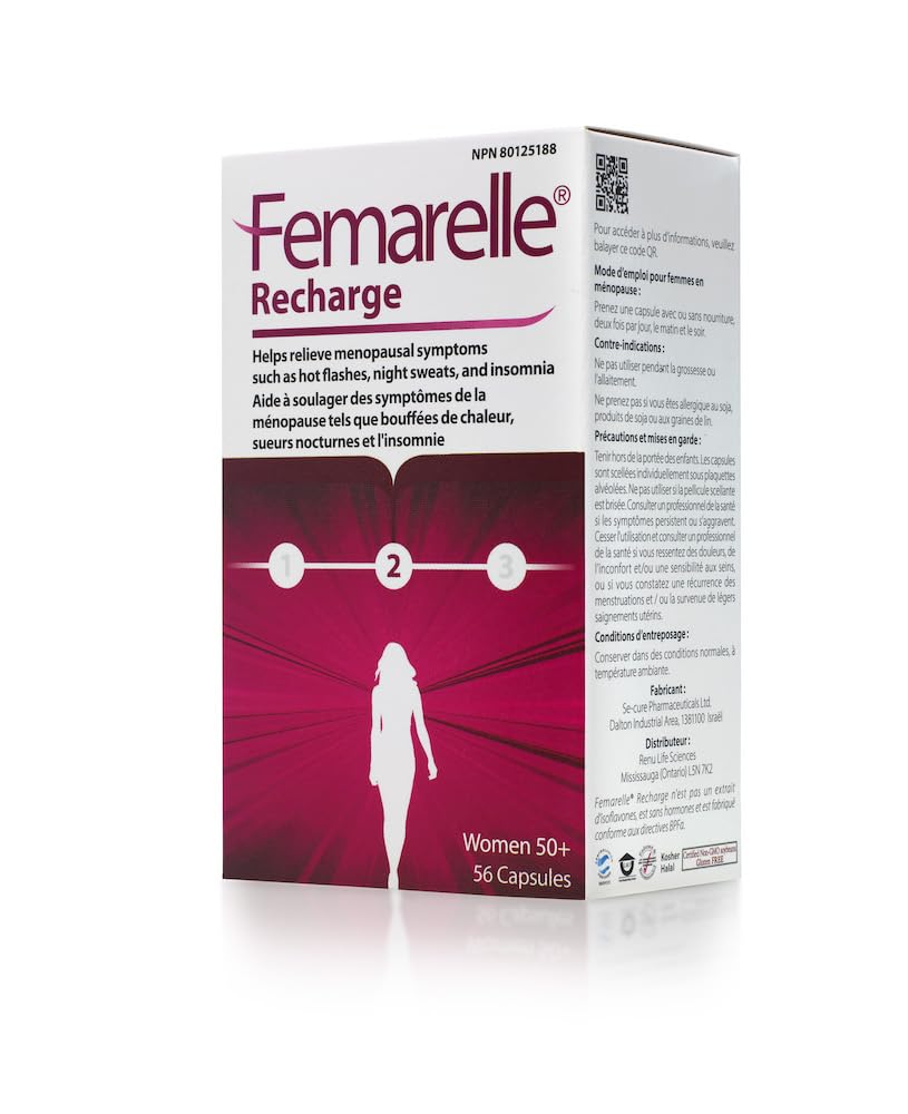 Recarga Femarelle® – Suplemento de la menopausia para las mujeres - Alivio de la menopausia clínica - Flashes calientes, sudaderas nocturnas, soporte para el sueño " Libido en el primer mes, libre de gluten, libre de transgénicos "