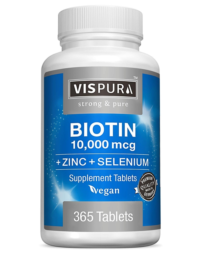 Biotina 10000 mcg + Zinc + Selenium, Puro, Vegan & Extra Strong, Mejor Suplemento para el Crecimiento del Pelo, Esquía de Glowing, uñas fuertes*, 365 Tabletas para 12 meses, Natural Sin Aditivos