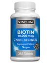 Biotina 10000 mcg + Zinc + Selenium, Puro, Vegan & Extra Strong, Mejor Suplemento para el Crecimiento del Pelo, Esquía de Glowing, uñas fuertes*, 365 Tabletas para 12 meses, Natural Sin Aditivos