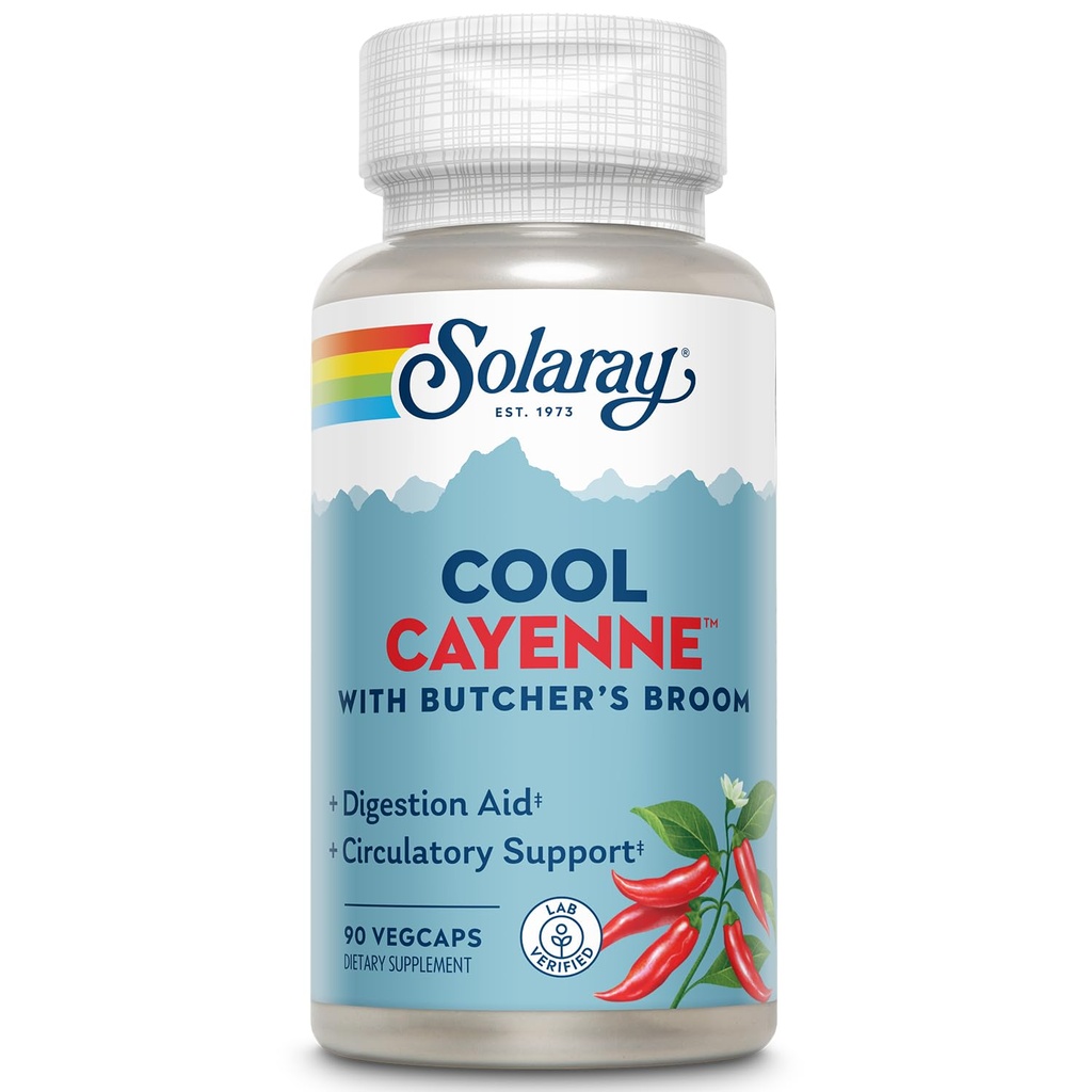 SOLARAY Cool Cayenne Pepper 40,000 HU con Carniceros Broom for Healthy Circulation Support Silencio 90 VegCaps