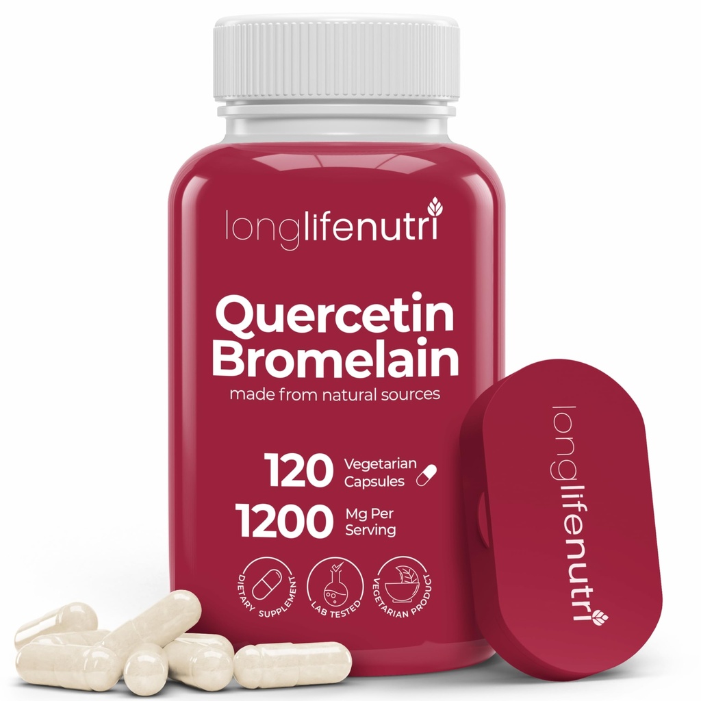 LongLifeNutri Quercetin 1000mg con Bromelain 200mg - 120 Vegetarian Capsules, Organic Dihydrate Complex for Joint Mobility & Respiratory Balance, 2-Month Supply, GMP Certified, Made in USA