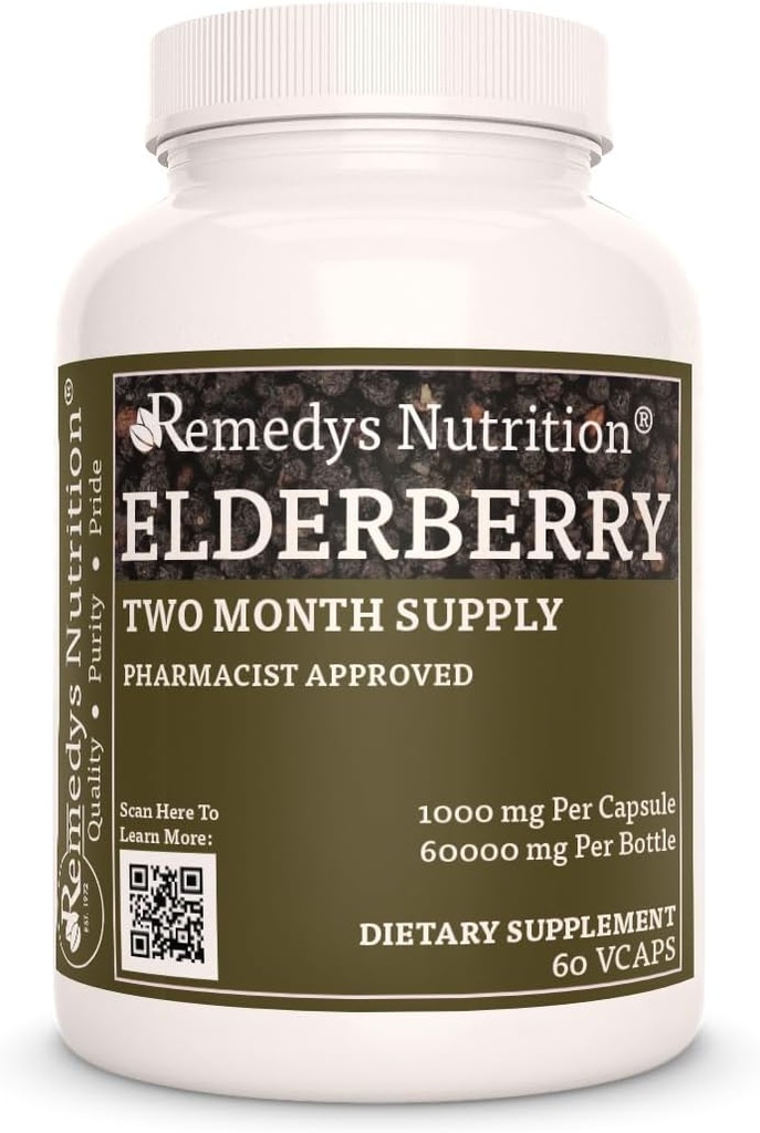 Nutrición de Remedy’s Nutrición Elderberry peru 1,000 mg, 60 cápsulas veganas suplemento dietético herbal 