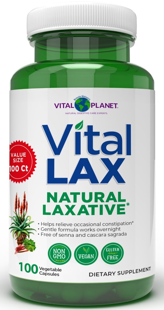 Vital Planet - Vital Lax Natural Laxative Cleanse Supplement for Occasional Constipation, con Magnesium Hydroxide, Slippery Elm, Aloe, y Triphala para soportar la regularidad del intestino 100 cápsulas