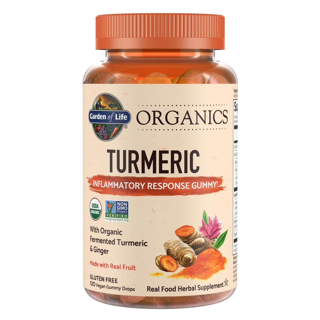 Garden of Life Organics Turmeric Inflammatory Response Gummy - 120 Real Fruit Gummies for Kids &amp; Adults, 50Mg Curcumin (95% Curcuminoids), No Añadido Sugar, Organic, Non-GMO, Vegan &amp; Gluten Gratis