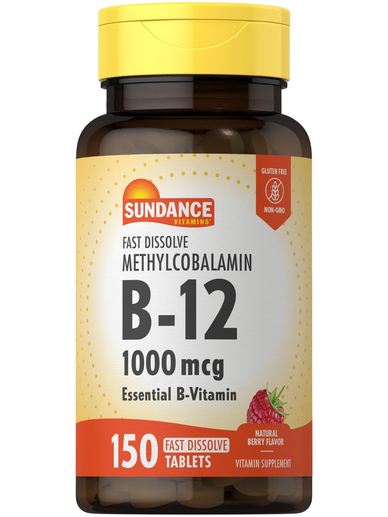 Sundance B-12 Methylcobalamin 1,000 mcg ← 150 Fast Dissolve Tablets ← Natural Berry Flavor ← Vegetarian, Non-GMO, y Gluten Free Essential Vitamin Supplement