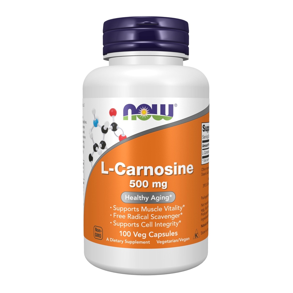 AHORA Suplementos de alimentos, L-Carnosina (Beta-Alanyl-L-Histidine) 500 mg, Envejecimiento saludable, 100 cápsulas de verduras