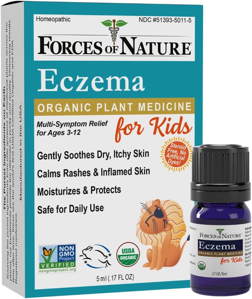 Fuerzas de control de eczema natural para niños, alivio de la piel sensible, seca e picante, atención de piel libre de esteroides para los estiramientos, tratamiento del eczema para niños, medicina orgánica homeopática, acción rápida, 0.17 FL OZ
