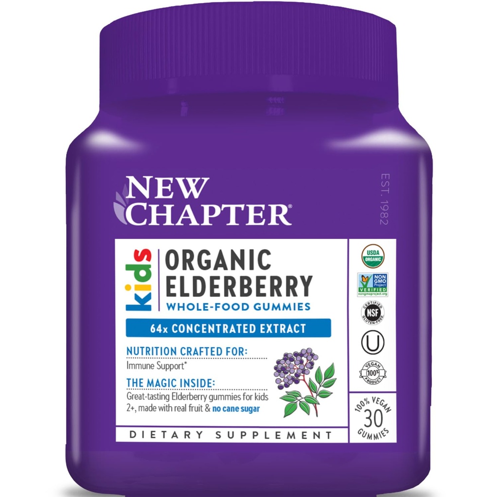 Nuevas Gummies de Elderberry para niños 2+, USDA Organic,64x Concentrated Pure Elderberry para Immune Support,Great Tasting Whole-Food Gummies, Vegan " Non-GMO, 30 ct
