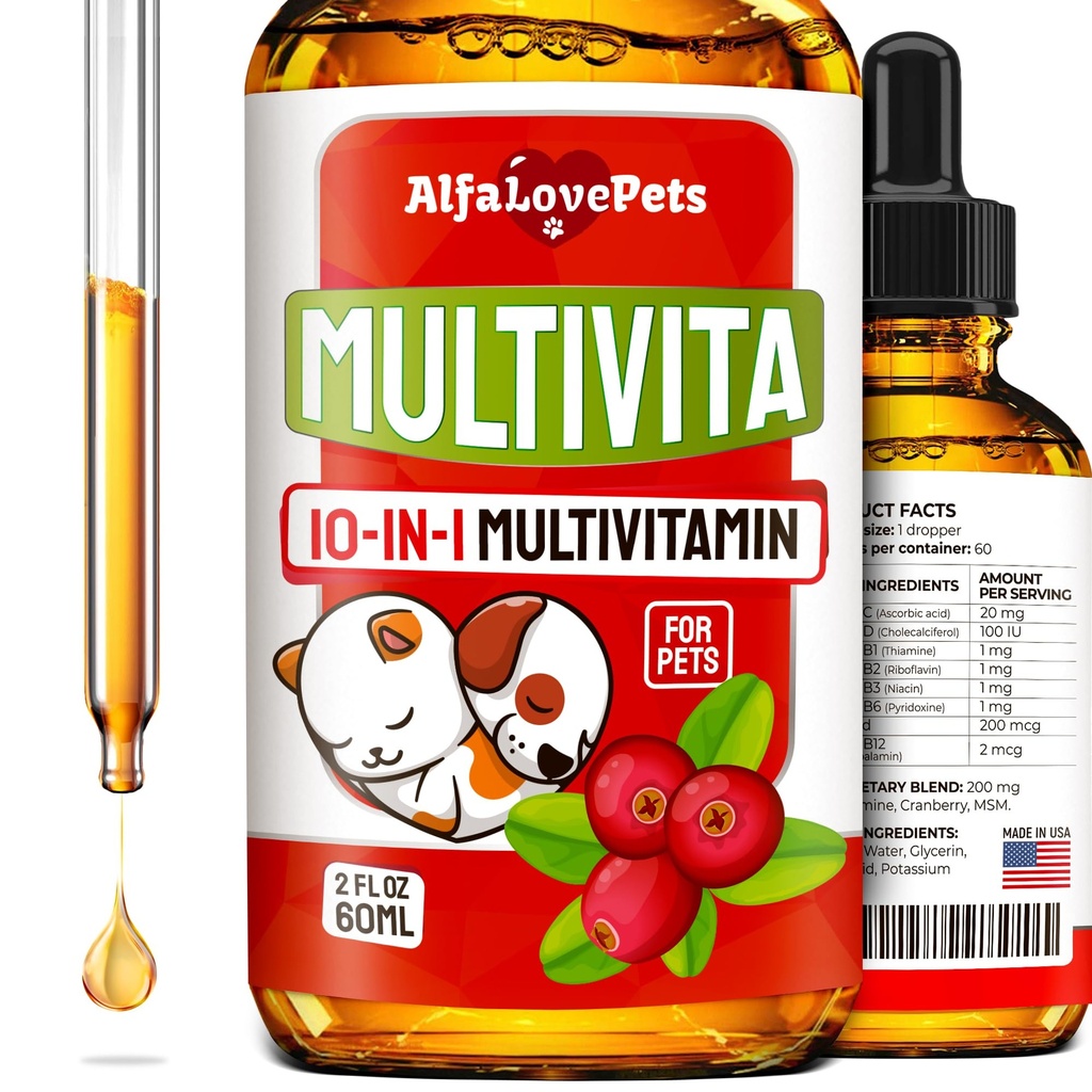 Multivitamina líquido para perros – Multivitaminas de gato para gatos de interior – Complejo de 10 en-1 Vitaminas de perros líquidos B, C, D3 – Digestión, orina, unión de caderas, piel y carne – Sabor de arándano – 2 Oz