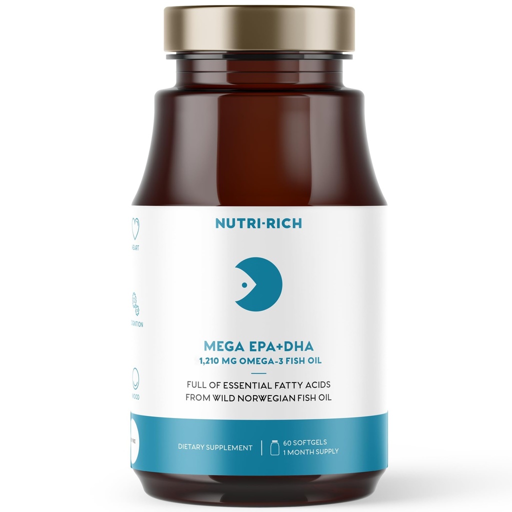 Nutri-Rich Omega-3 Fish Oil 1210mg – EPA & DHA for Heart, Brain & Joint Health – Burp-Free, Lemon Flavor, Gluten &amp; Soy Free, Third-Party Tested (60 Softgels)
