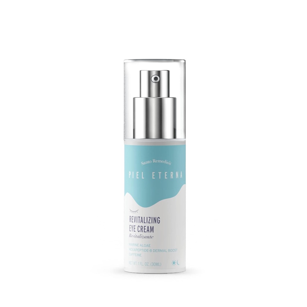 Santo Remedio, Piel Eterna, Crema Ocular Revitalizante, Crema Ocular Iluminante, Ayuda a reducir los círculos oscuros, Contiene Marina Algae, Caffeine, Aloe, Ácido Hialurónico, Vitamina E, Para todos los tipos de piel, 1 Fl. Oz.