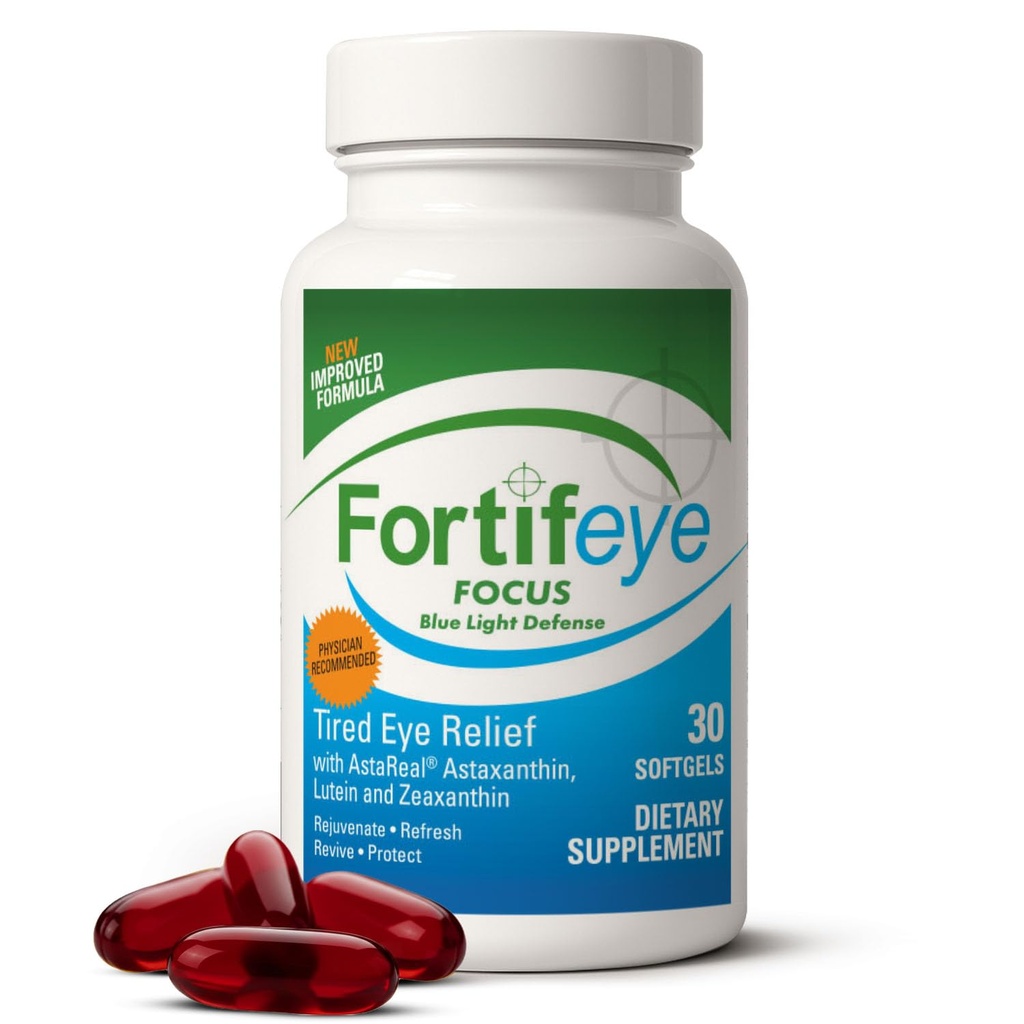 Fortifeye Focus Eye Care Suplemento 30 Softgel Capsules - Triple Carotenoide que incluye Astaxanthin, Lutein y suplementos de Zeaxanthin, Vitaminas de los ojos, soporta fatiga de los ojos y protección de la luz azul