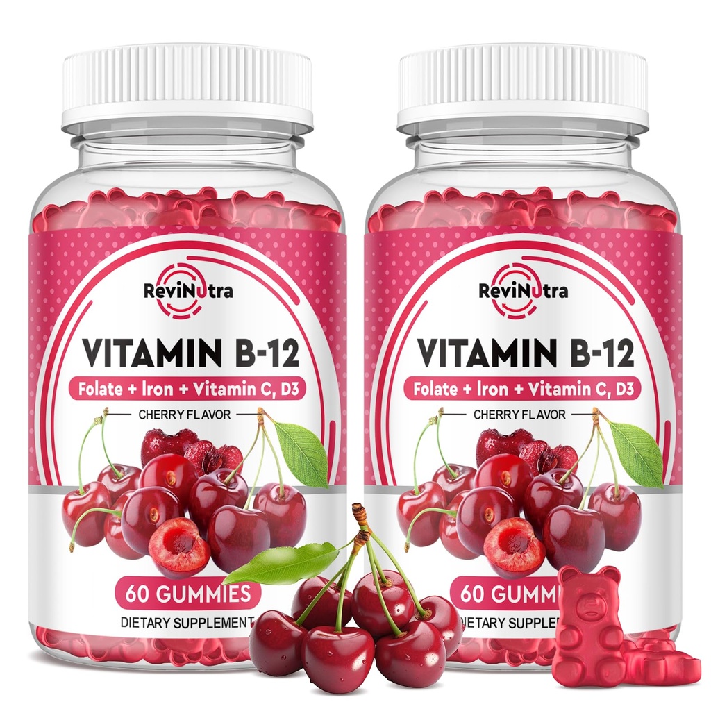 Vitamina B12 Gummies - 5000 mcg Methylcobalamin con hierro, vitamina C, D3 " Folate, Energy Support and Metabolism, Immune, B-12 Complex Chewable Suplemento para Hombres " , 120 Conde, 2 Pack
