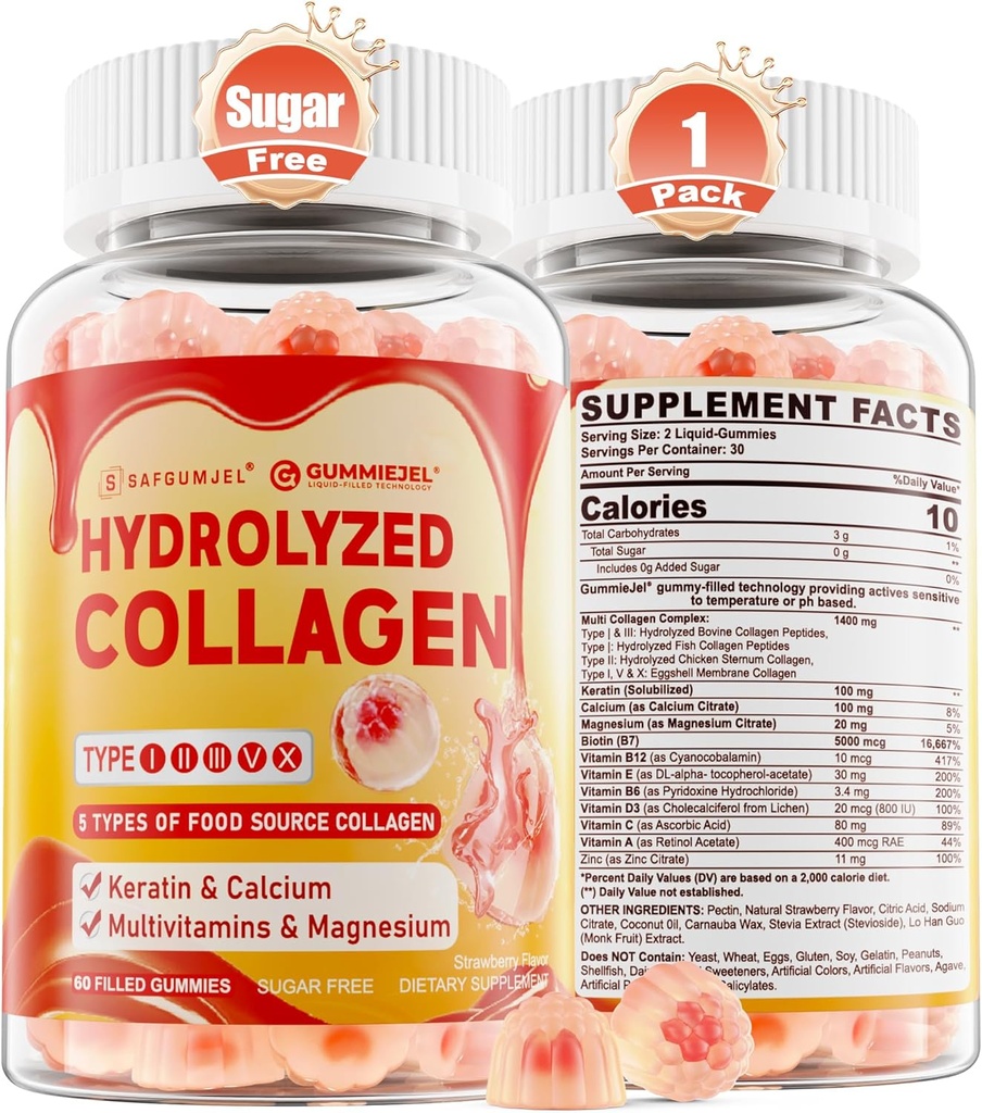 Collagen Peptide Gummies for Women Men, Sugar Free Multi Collagen Supplement, 1400mg Hydrolyzed Collagen Types I II III V X, 5000mcg Biotin, Vitamina C A E D3 B6 for Hair, Skin & Nails, Bone, 60Cts