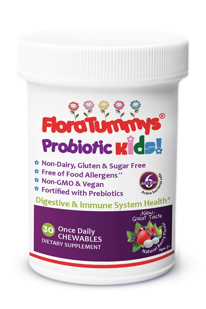 FloraTummys Kids Chewable Probiotics: Non-Dairy, Gluten &amp; Sugar-Free, Peanut &amp; Soy Free, Non-GMO, Tested &amp; Free of Food Allergens, Vegan, Kosher, Berry Flavor(1 Bottle)
