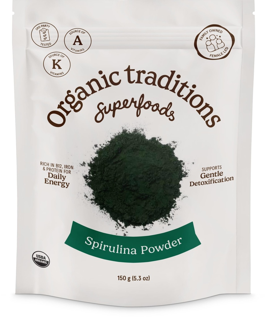 Tradiciones Orgánicas Spirulina Powder Vegan No GMO Superfood, 5.3oz (150g) Bolsa, 50 Serviciones por Bolsa