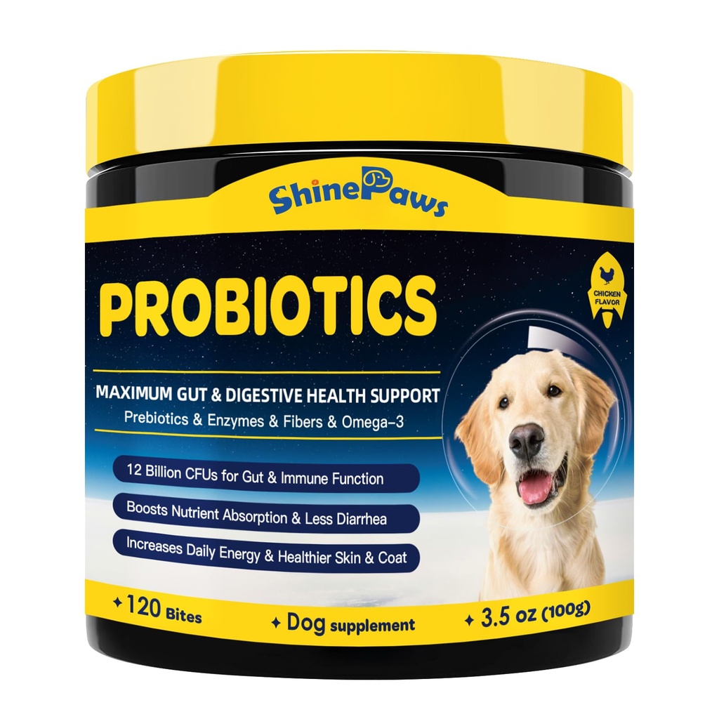 Probióticos para perros - Probióticos para perros para la salud digestiva, prebióticos, enzimas, fibra y Omega-3 con vitaminas para promover la salud intestinal, apoyar la inmunidad, alergias y picazón de la piel, 120 bits
