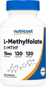 Nutricost L-Methylfolate 15mg, 120 cápsulas (5-MTHF) - Vegan, No GMO, Gluten Free