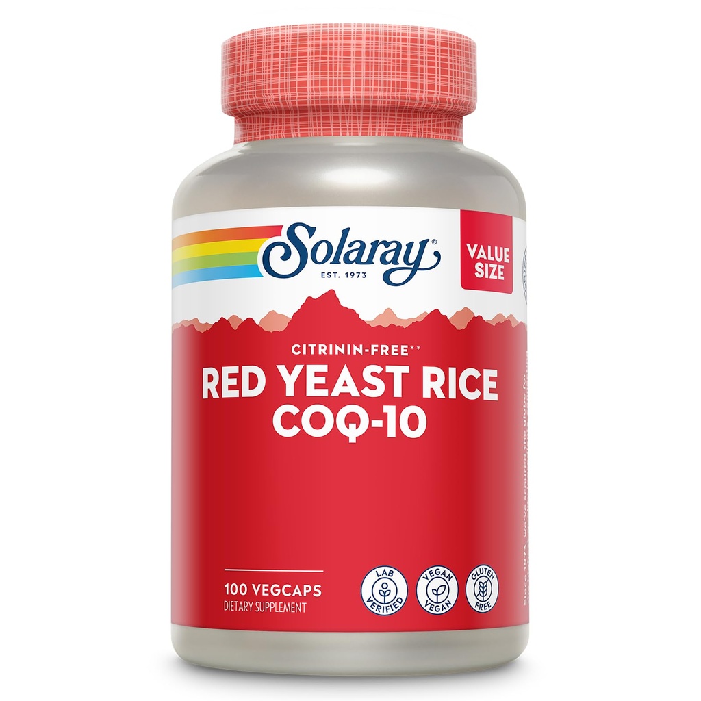 SOLARAY Red Yeast Rice Plus CoQ-10 & No-Flush Niacin Vitamina B-3, Healthy Heart & Cardiovascular Support, Non-Irradiated & Citrinin Gratis, 60 Day Money Back Guarantee, 100 Servings, 100 VegCaps