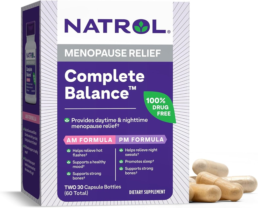 Natrol Balance completo, Suplemento dietético para el alivio de la menopausia, A.M./P.M. Alivio de la menopausia para las mujeres, 60 cápsulas, hasta un suministro de 30 días