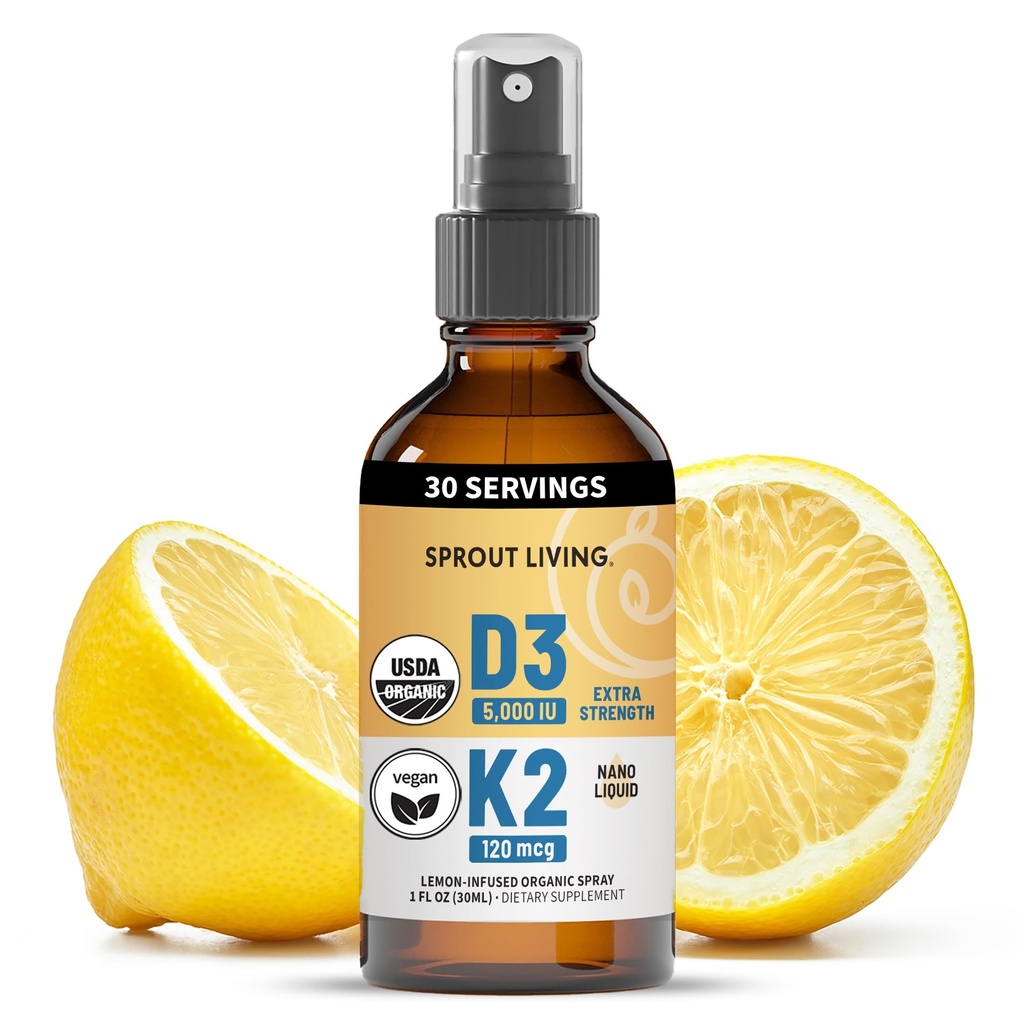 Vitamina orgánica D3 5000 UI (Lichen) + K2 120 mcg (Chickpea fermentada), Immune, Bone & Heart Health with Calcium Absorption ← Trace Minerals, Lemon " Citrus, Sugar Free, Spray (1 FL OZ, 30 Servings)