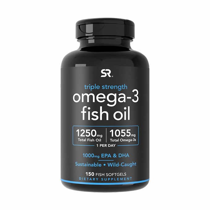 Sports Research Triple Strength Omega 3 Fish Oil - Burpless Fish Oil Supplement w/EPA & DHA Fatty Acids from Wild Caught Fish - Heart, Brain &amp; Immune Support for Men & Mujer - 1250 mg, 150 ct