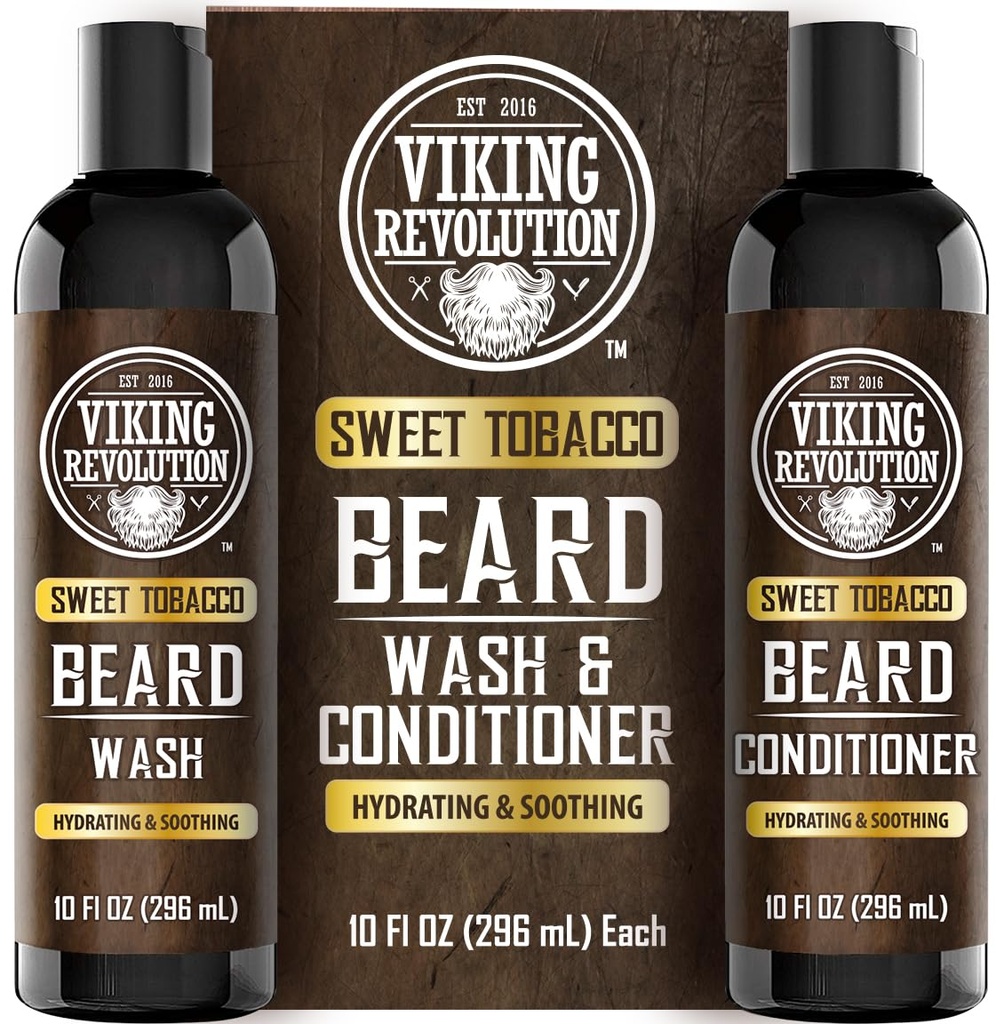 Vikingo Revolucion Beard Wash and Beard Conditioner for Hombres with Argan Oil and Jojoba Oil - Beard Softener and Strengtheninger Beard Care Beard Shampoo and Conditioner with Beard Oil (10oz, Sweet Tobacco)