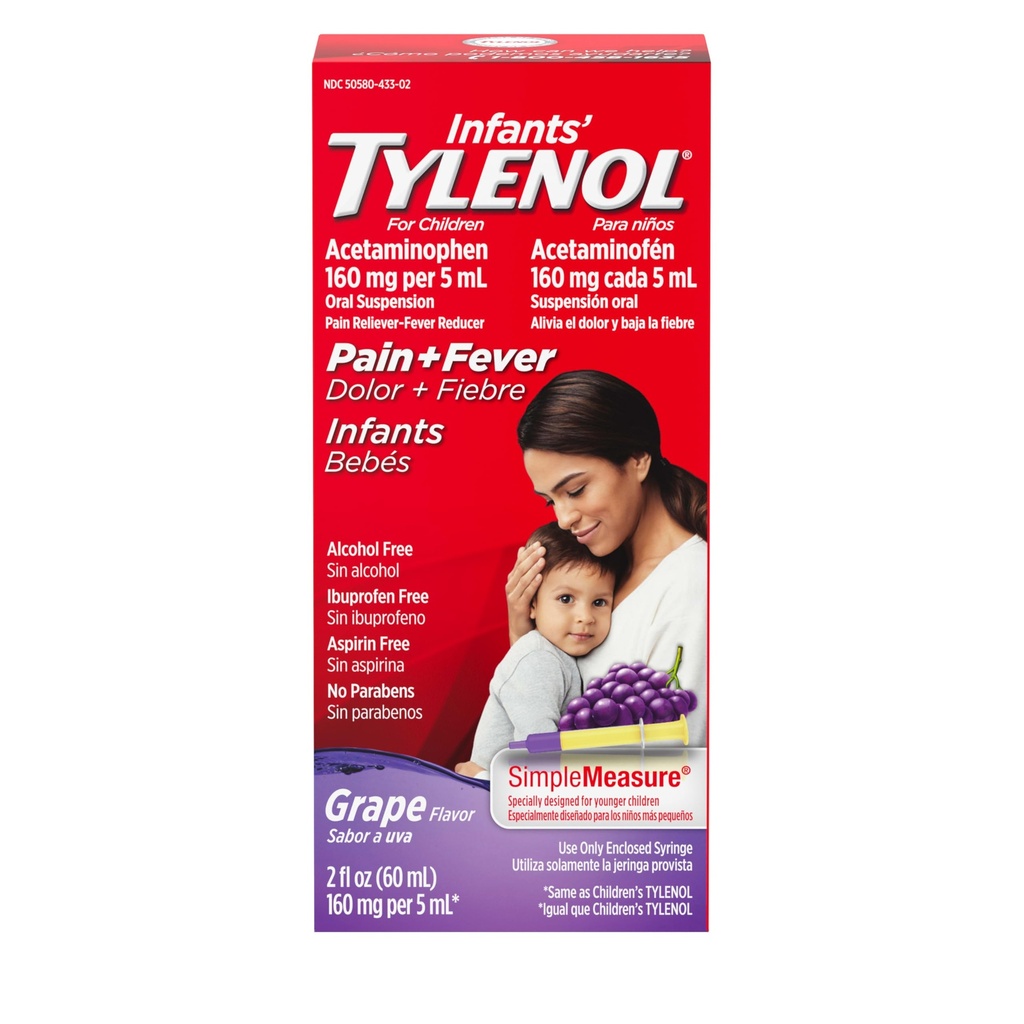 Tylenol Liquid Pain Relief " Fever Medicine, Oral Suspension, Acetaminophen for Sore Throat, Headache " Teething, Pain Reliever " Fever Reducer for Kids; Grape Flavor, 2 fl. oz.; Pack of 1