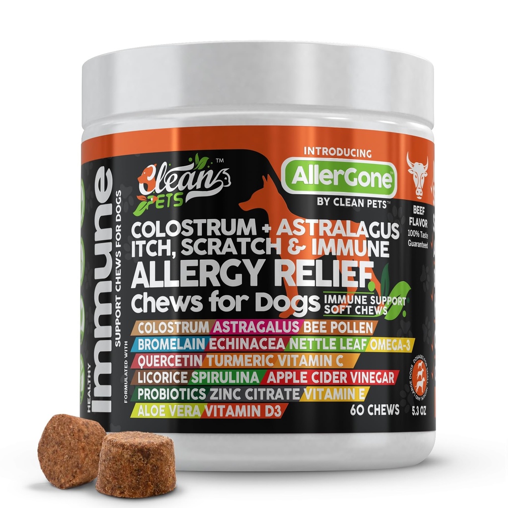 Alivio de la alergia del perro Astralagus Omega 3 Bee Pollen Bromelain Echinacea Nettle Leaf Quercetin Licorice Root Spirulina ACV Immune - Pack of 1