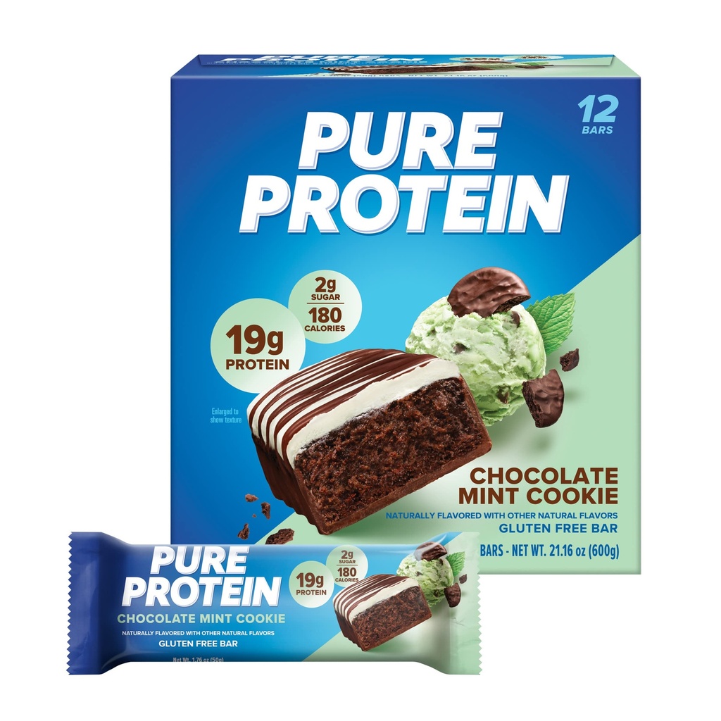 Barras de proteína puras, alta proteína, nutritious Snacks to Support Energy, bajo azúcar, sin gluten, Chocolate Mint Cookie,1.76oz, 12 conde (Packaging May Vary)