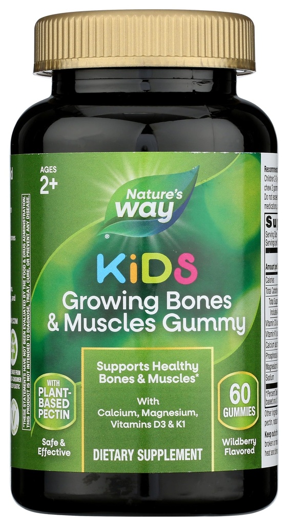 Camino de la Naturaleza Niños Creciendo Huesos &amp; Musculos Gummies, Apoya Huesos y Musculos Saludables*, Calcio, Magnesio, Vitaminas D3 &amp; K1, Edades 2+, Sabor de Fresa, 60 Gummies (Paquete Mayo Vary)