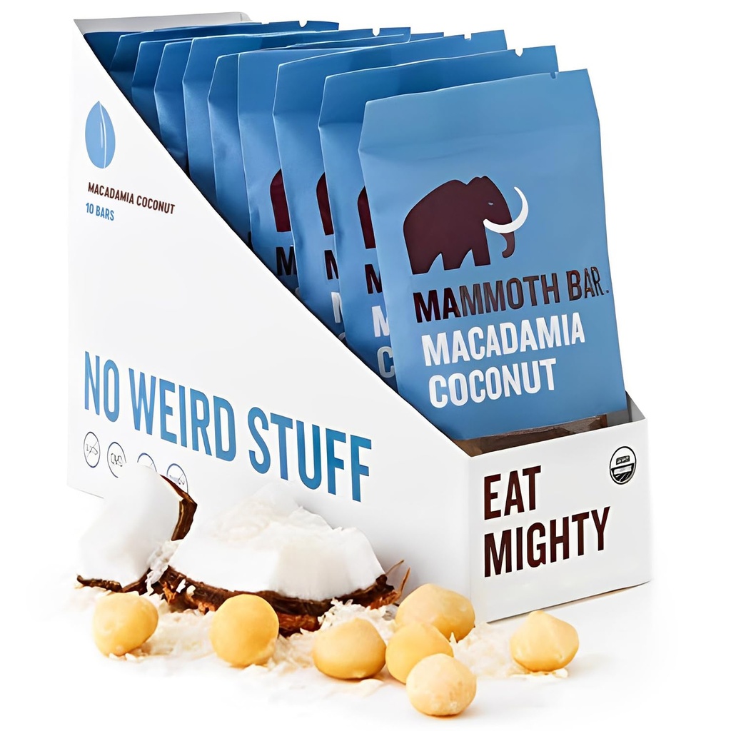 Mammoth Bar Macadamia Coconut Bar - 10 Proteínas Orgánicas – Fibra Alta • Paleo • Gluten Gratis • Egg Protein • GMO Gratis • Raw • Premium Nuts • Prebiótico