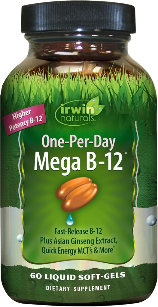 Irwin Naturals Mega B-Complex - 60 Liquid Softgels - Complejo de Vitamina B12, Folate B9, Biotin B7, B1, B2, B3, B5, B6, y Quick Energy MCT