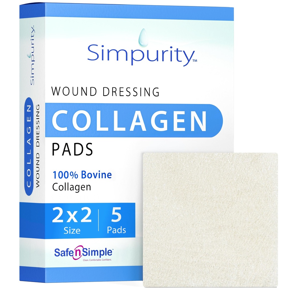 Collagen Dressing Pads - 2" x 2" 5 Conde Collagen Pads for Wounds - No Adherente Collagen Dressing for Wound Care - Seguro n' Simple Wound Care Supplies