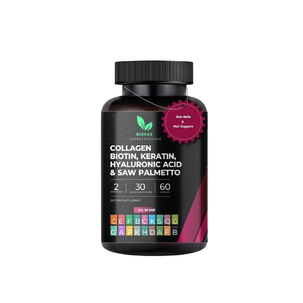 Píldoras de cabello multi colágeno - Biotina 10.000mcg, queratina & ácido hialurónico - Crecimiento del cabello - Esquí de pelo " uñas Vitaminas " Bloqueador DHT - Vitamina E Folic Acid Pumpkin Seed MSM, Saw Palmetto 60 cápsulas veganas