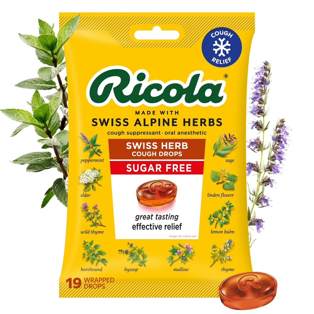Ricola Sugar Free Swiss Herb Cough Drops, 19 Conde, Cough Suppressant & Throat Relieving Drops with Naturally Sourced Menthol, Pleasing Taste for Coughs & Throat Irritation Symptom Relief