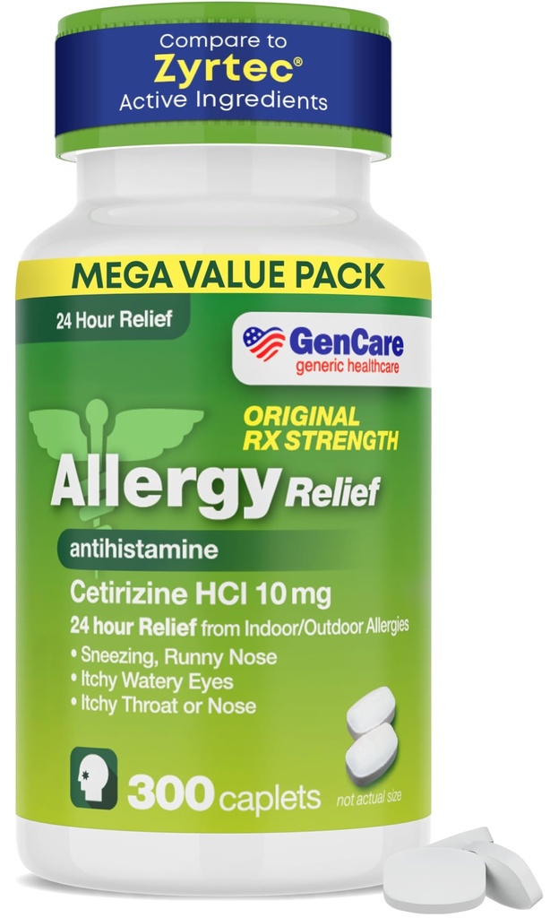 GenCare - Cetirizine HCL 10 mg (300 cápsulas) - 24 horas Alergía píldoras Alivio - No Drowsy Genérico OTC Alergía Medicamento - Antihistamínico Medicina para Sneezing, Runny Nose ' Eyes - Genérico Zyrtc