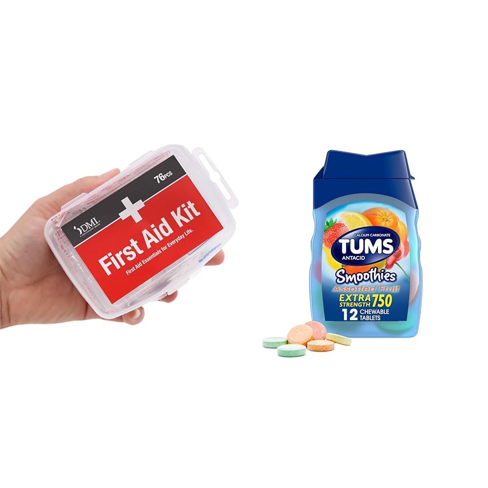 DMI 76-Piece First Aid Kit y TUMS 12 Count Smoothies Extra Strength 750mg Calcium Carbonate Antacid Chewable Tablets Bundle