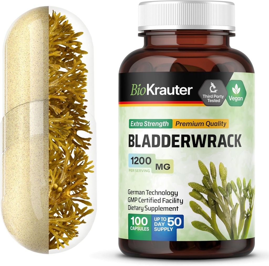 Cápsulas de la vejiga 1200 mg - 100 Conde - Fórmula de la Fuente Marina Natural de Iodine - Cápsulas de polvo de la vegano