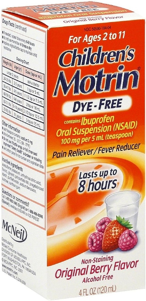 Motrin Children's Dye-Free Doin Reliever/Fever Reducer, Original Berry Flavor 4 oz (12 Pack)