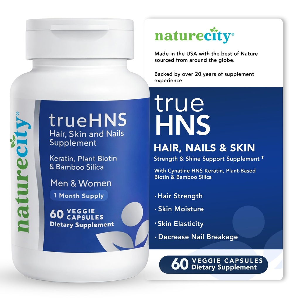 NatureCity True-HNS Hair Nails and Skin Cynatine Keratin and Plant Based Biotin Vitamin Supplement TEN Fuller and Stronger Hair and Nails ← Non GMO ← 60 Veggie Capsules