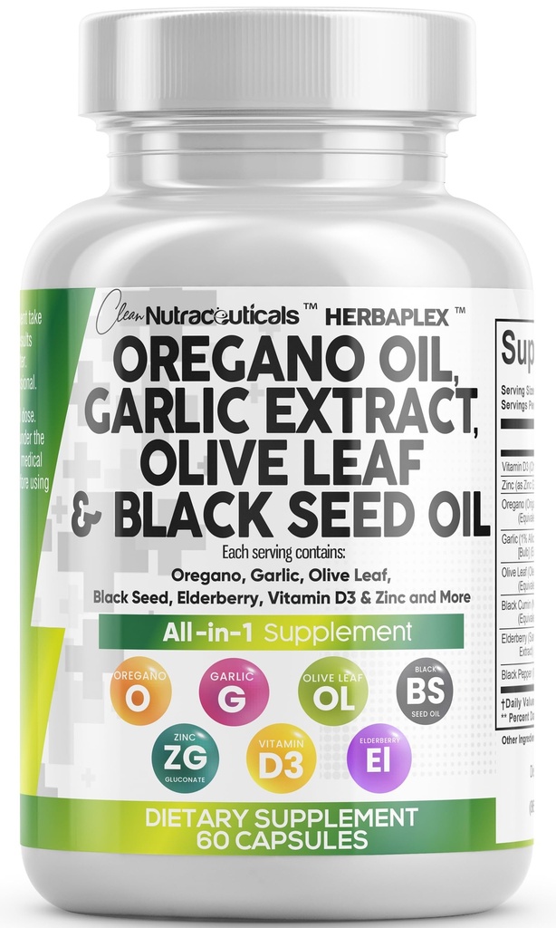 Aceite de Nutra Limpio con Aceite de Semilla Negra Extracto de Aceite de Ajo - Aceite de Oregano Capsules Immune Soporte Carvacrol &amp; Suplemento de Timoquinona para Mujeres y Hombres + Vitamina de Elderberry D3 &amp; Zinc