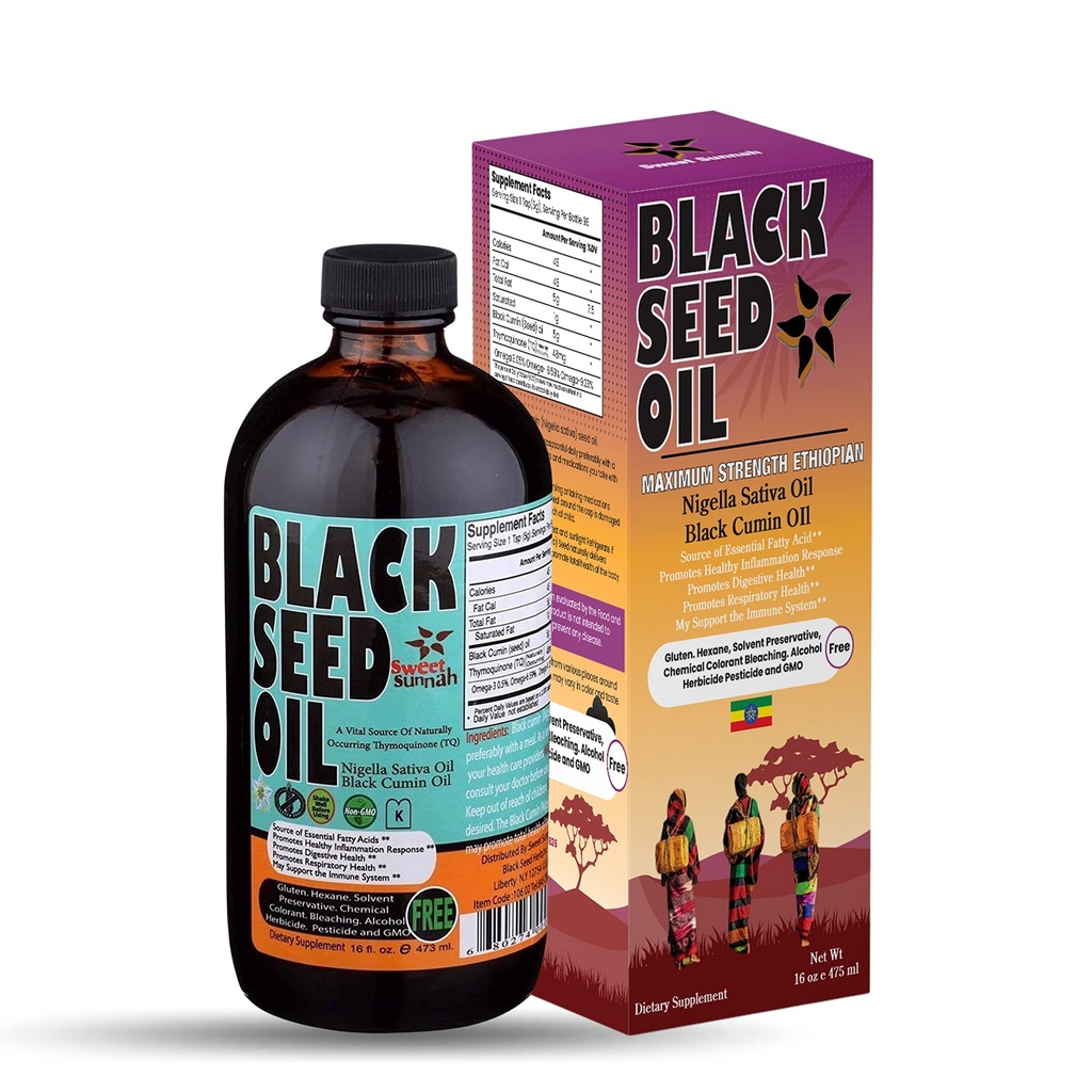 Petróleo de semilla negra etíope - 3.43% Timoquinone Cold-Presed Negro Cumin Seed from Pure Nigella Sativa - First Pressing Blackseed Non-GMO Mejorado - 16 Oz Glass Bottle Sweet Sunnah