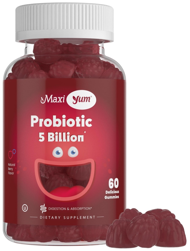Maxi Health Yum, Gummies Probióticas con 5 millones de UF de Probióticos de Salud Digestiva, Kosher Certified Natural Berry Flavor Gut Health Chewable Gummy Suplementos para Mujeres Hombres, 60 Gummies