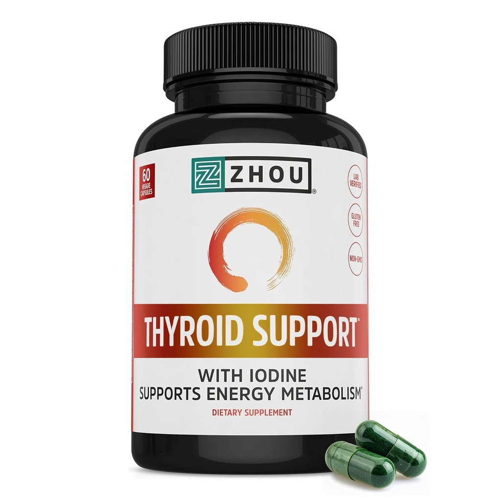 Soporte para tiroides Zhou - Suplemento para tiroides para hombres con zinc, yodo, selenio, complejo de tiroides de salud metabólica con Ashwagandha, Kelp - 60 cápsulas vegetales (Pack of 1)