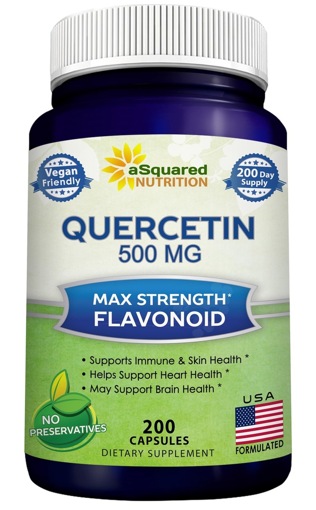 aSquared Nutrition Quercetin 500mg Suplemento - 200 cápsulas - Quercetin Dihydrate para apoyar la salud cardiovascular - Max Strength Powder Complex Pills to Help Improve Immune Response