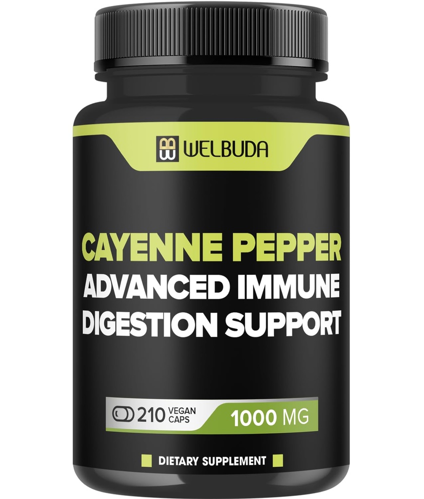 210 cápsulas - suplementos de pimienta de Cayenne Extracto 10:1 con bereberina HCI, ajol, hoja de oliva &amp; Más - Fórmula combinada para la salud digestiva, salud cardíaca y función de inmunidad Soporte