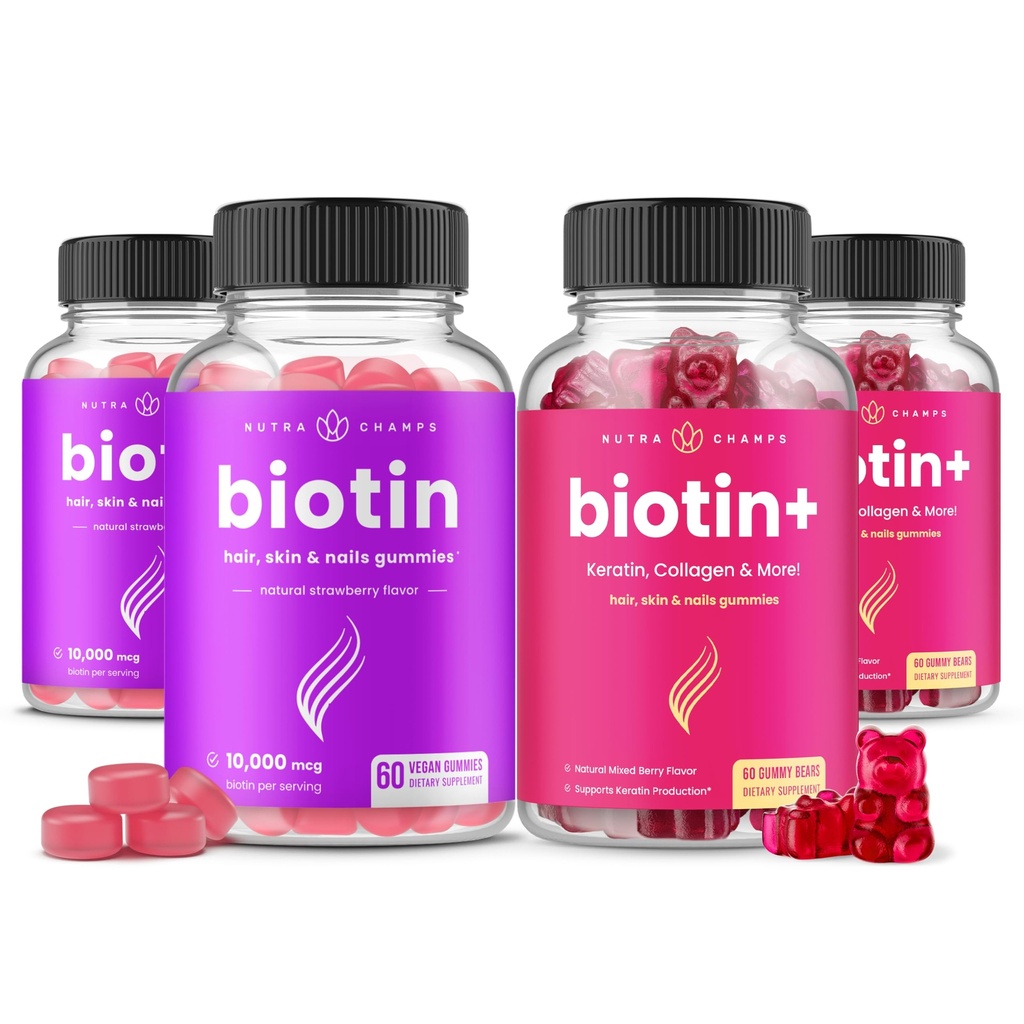 NutraChamps Biotin &amp; Biotin+. El Duo completo para el cabello, la piel y las uñas. Biotina, Collagen, Keratin &amp; More